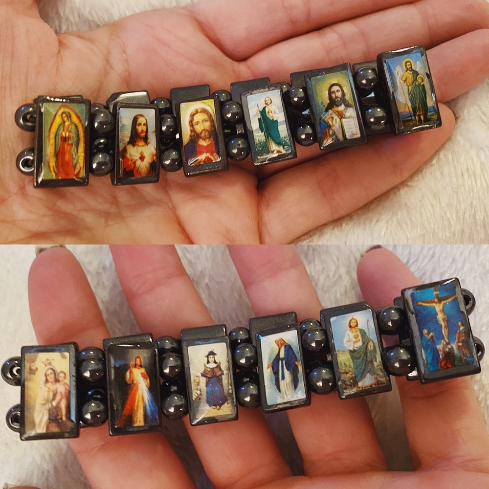 Vintage Hematite Religious Jesus Stretch Bracelet